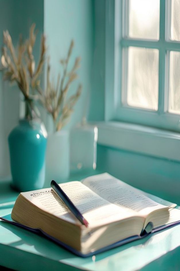 Person implementing a morning routine with a journal and calendar at their desk