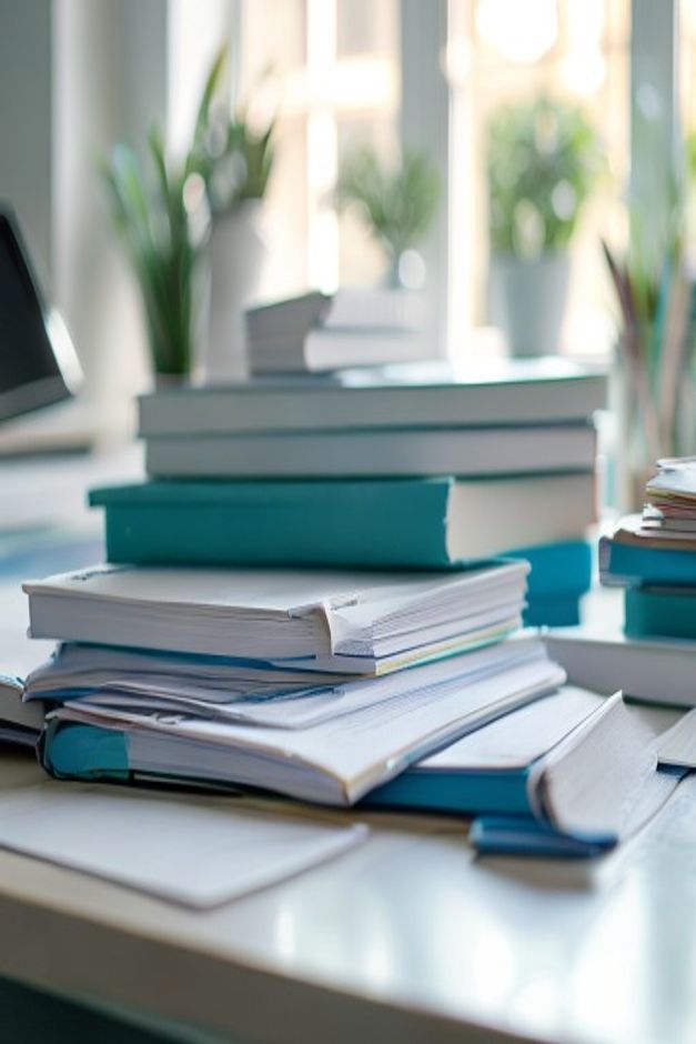 Learning materials and educational resources displayed on a workspace desk